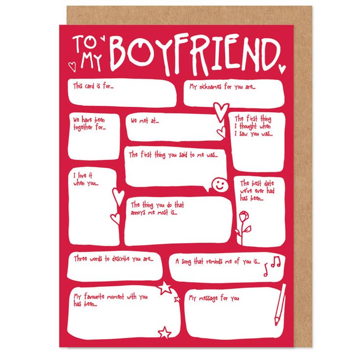 Boyfriend Fill In The Blanks Valentine's Card for wholesale by Bow & Bell