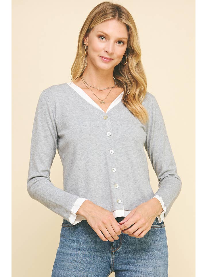 PINCH - Wholesale Knit Top - Women's - V-NECK WOVEN COMBO CARDIGAN TOP - 5831W11