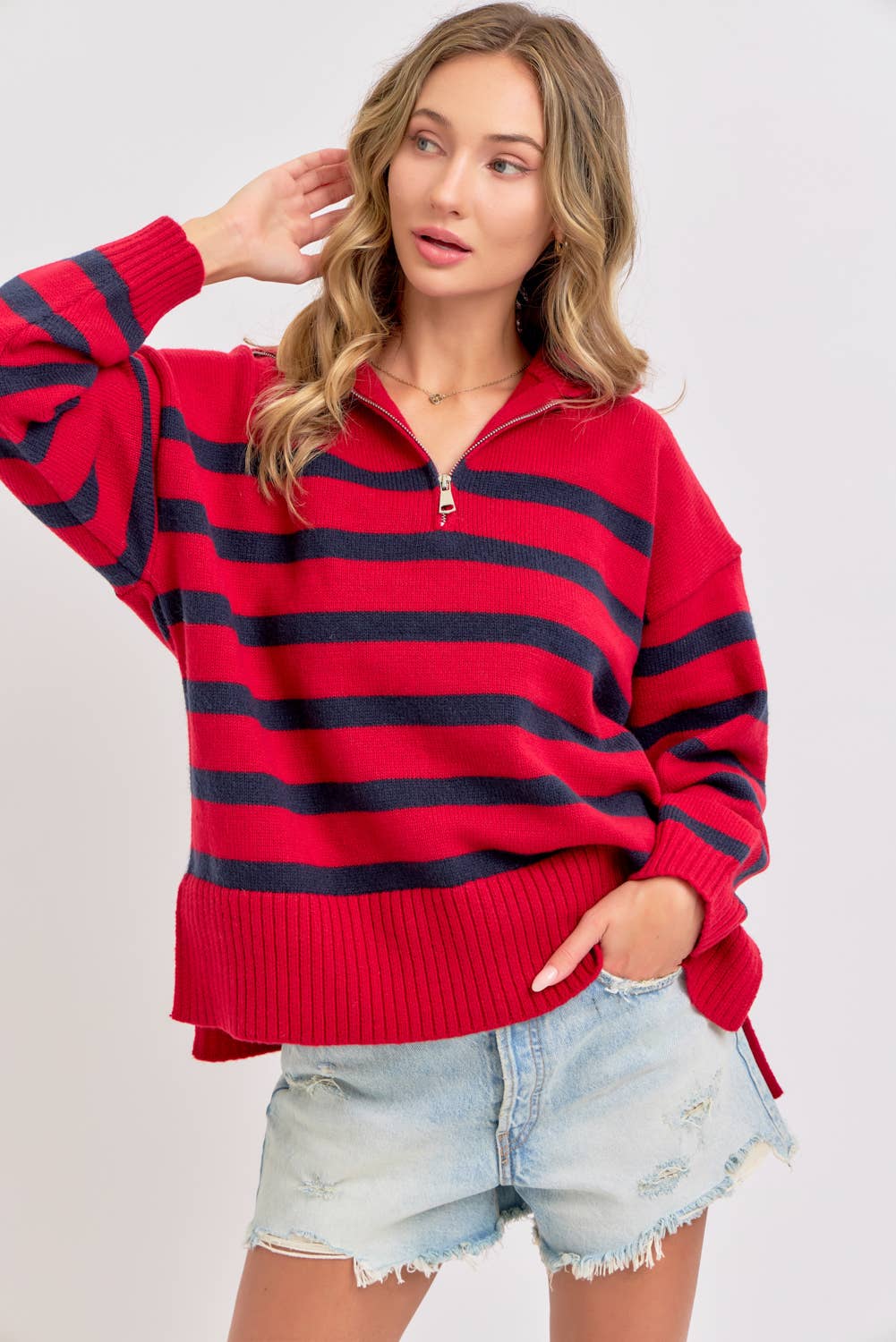 Sweet Lovely by Jen - Wholesale Knit Sweater - Women's - STRIPED ZIP-FRONT OVERSIZED PULLOVER KNIT SWEATER  40