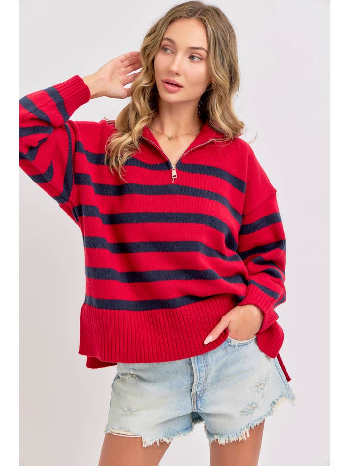 Sweet Lovely by Jen - Wholesale Knit Sweater - Women's - STRIPED ZIP-FRONT OVERSIZED PULLOVER KNIT SWEATER 40