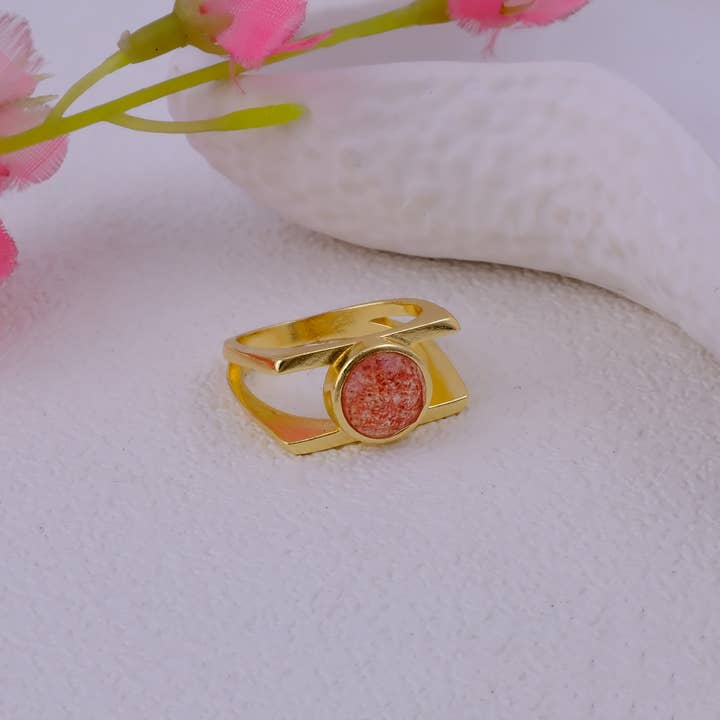 Natural Cherry Quartz Boho Ring Gold Plated Designer Rings for wholesale by El Joyero