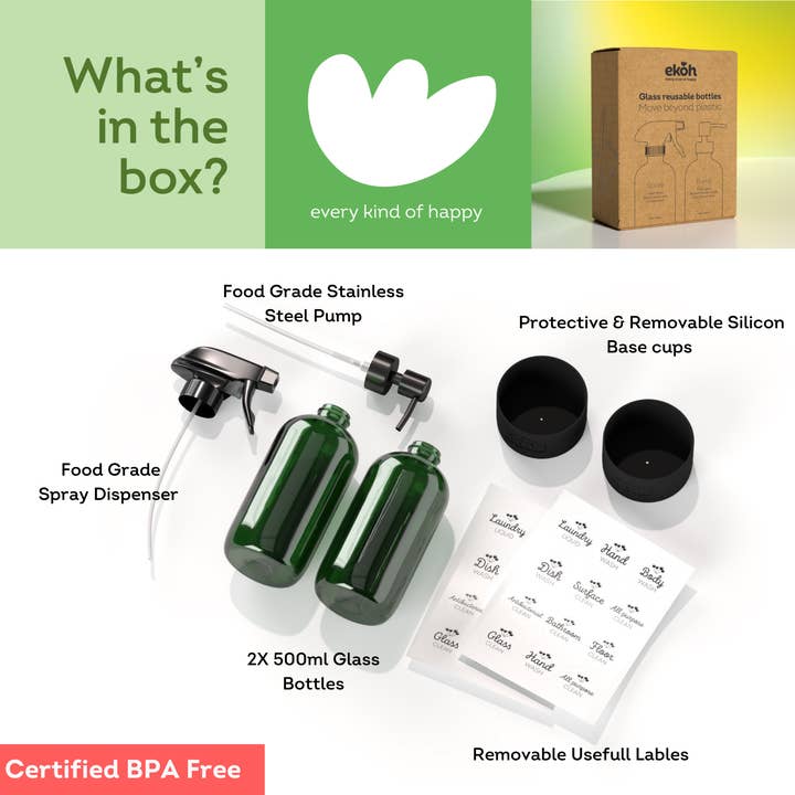 EKOH - Wholesale Spray Bottle - Green Glass Spray Bottles & Pump Dispenser 2pk - Refillable2