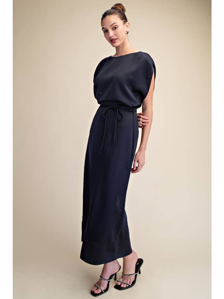 Glam - Wholesale Dress - Women's - Round Neck Waist Tie Back Slit Midi Dress3