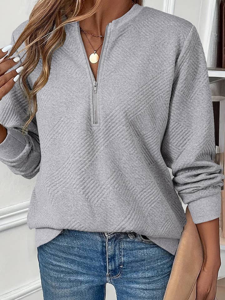 Medium Grey Trendy Textured Half Zip Loose Sweatshirt for wholesale on Faire2