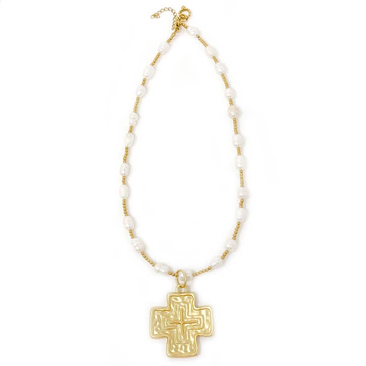 Pearl and Hematite Necklace with Large Matte Gold Cross for wholesale by PowerBeads by jen