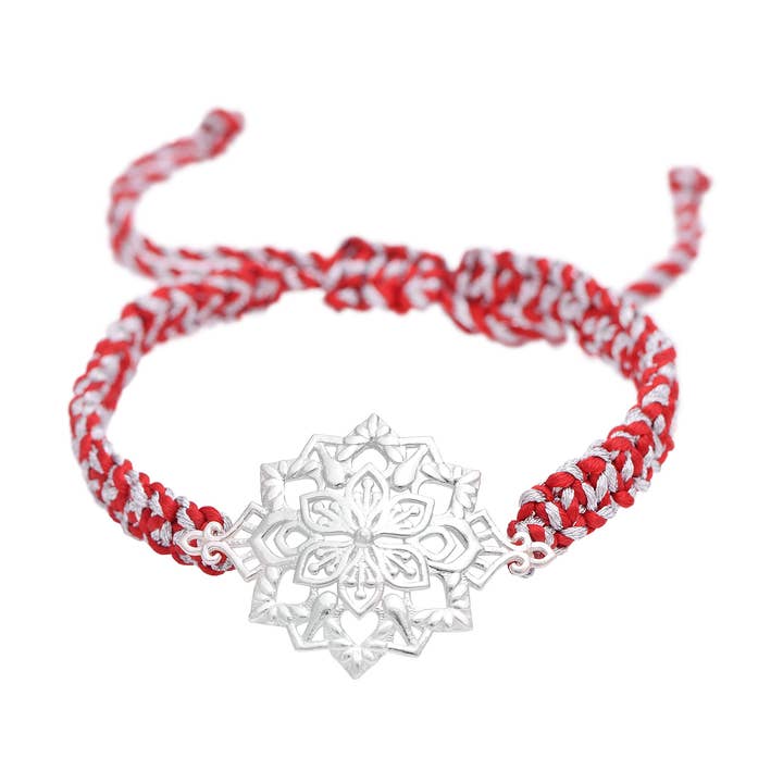 Braccialetto Rakhi in Argento Sterling 925 con Design Floreale Intricato Mandala su Filo Intrecciato Rosso e Bianco Regalo per Fratello Sorella per la vendita all'ingrosso da parte di Star Joya