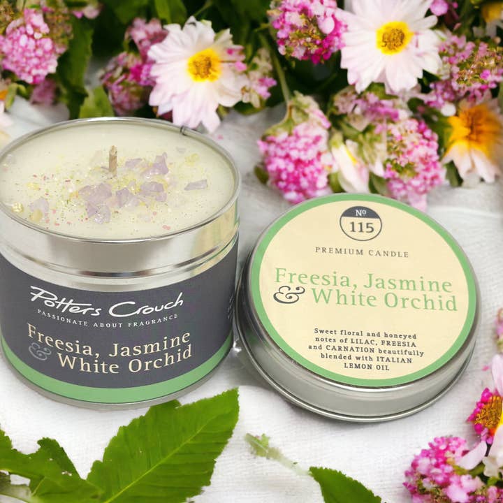 Freesia, Jasmine & White Orchid Candle for wholesale by Potters Crouch Candles