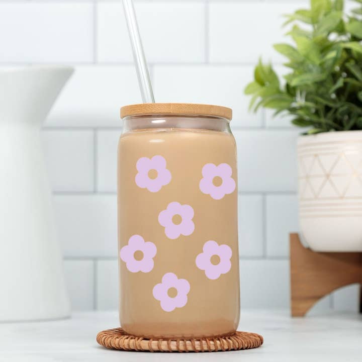 Glass Cup with Lid, Straw and Straw Cleaner 20 oz Can Cup for wholesale by FLORAL TOWN