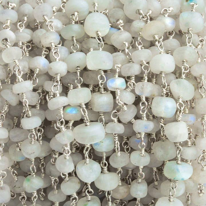 Matte Rainbow Moonstone Rondelle Silver Chain by the Foot 30 pieces for wholesale by The Bead Traders