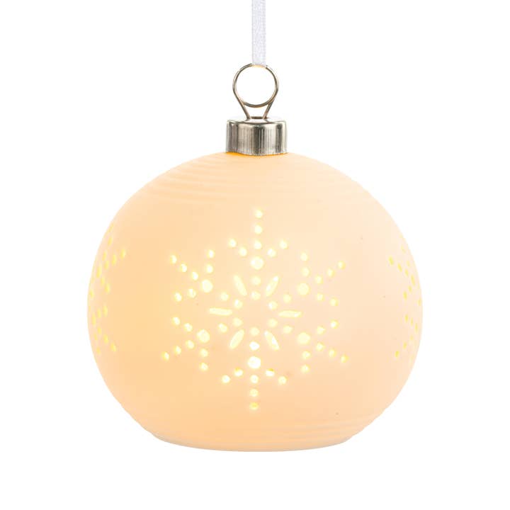 White LED Ceramic Snowflake Medium Round Ornament - 4in for wholesale by DEMDACO