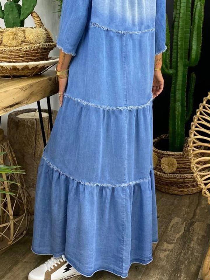 BLUE Half Sleeves Loose Fringed Pleated Split-Joint V-Neck Maxi Dresses for wholesale on Faire3