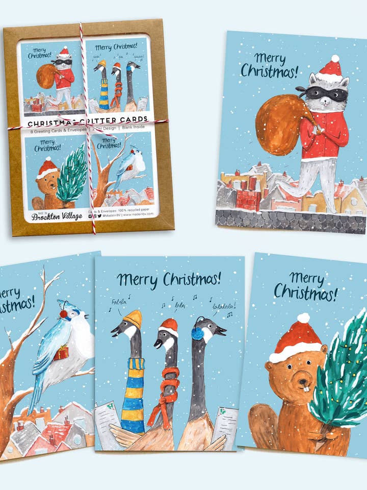 Assorted Box Of 8 'Christmas Critter' Greeting Cards for wholesale by The Paperhood