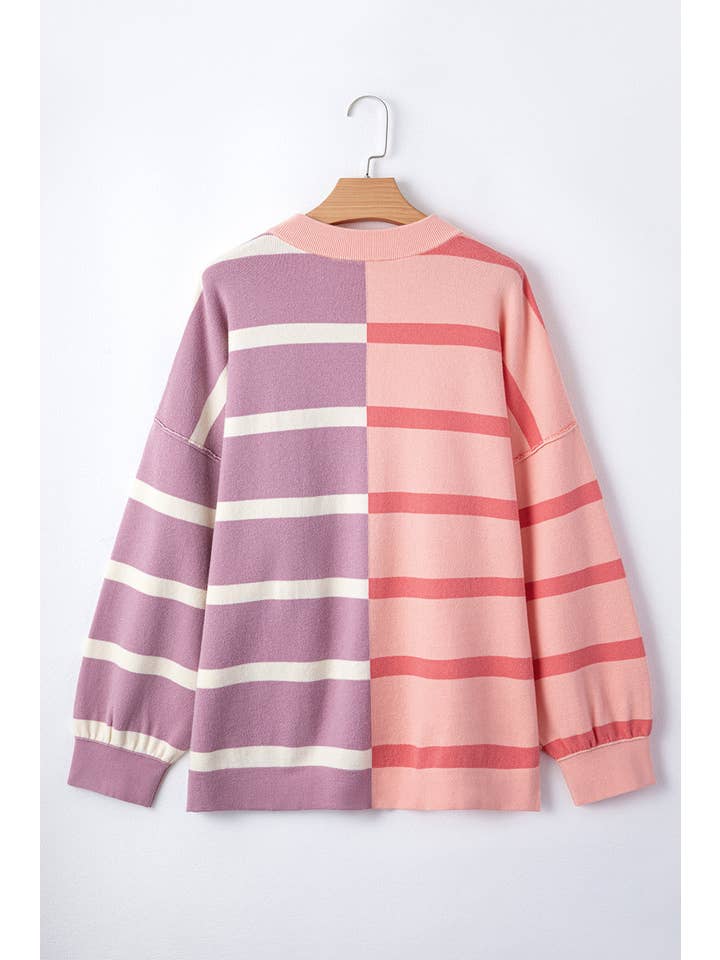 Amaryllis Apparel - Wholesale Tunic Sweater - Women's - Stripe Colorblock Oversized Sweater12