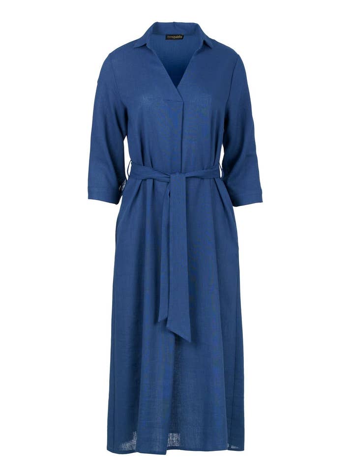 Robe midi en lin bleu avec ceinture pour la vente par conquista