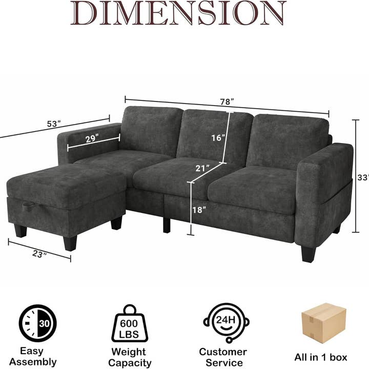 Grey L Shaped Sectional Sofa With Storage Ottoman Modern for wholesale on Faire1