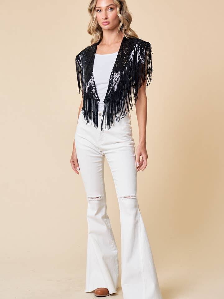 Saints & Hearts - Venta al por mayor Chaleco de abrigo - Mujer - BUFANDA O CHAL NEGRO CON LENTEJUELAS CON FLECOS NAVIDEÑOS, MODELO SIJ5270A7