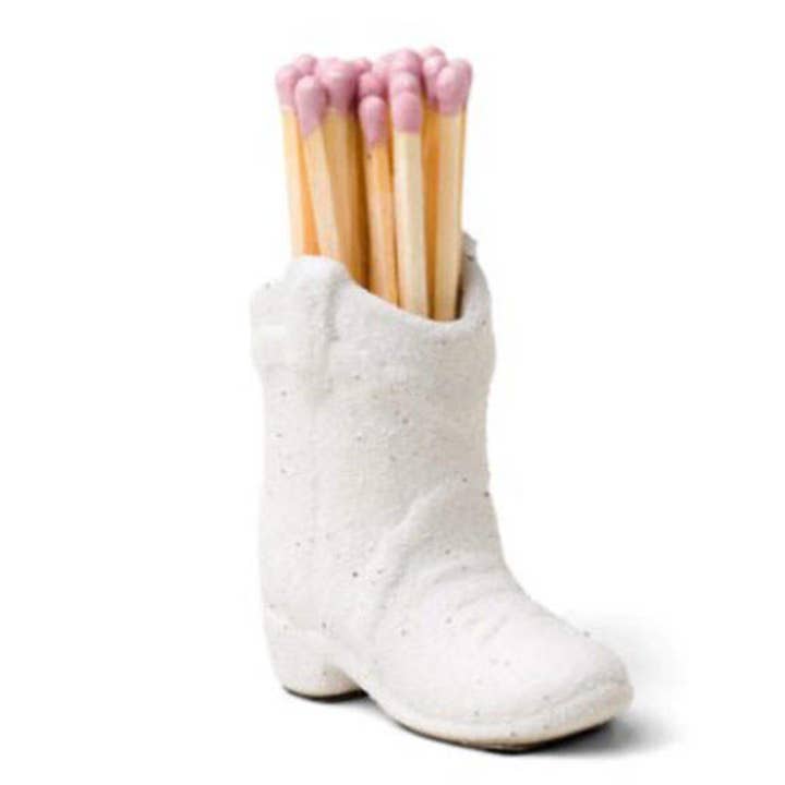 Porta fiammiferi bianco vuoto per stivali da cowboy, carta da gioco inclusa per la vendita all'ingrosso da parte di River Birch Candles