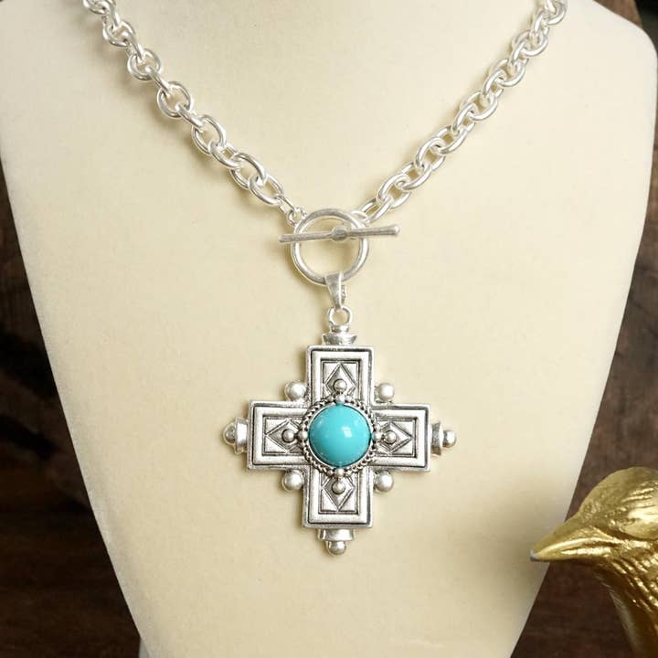 Decorative Cross Necklace Worn Gold or Silver Tone Front Toggle and Turquoise for wholesale by PennyLine inc