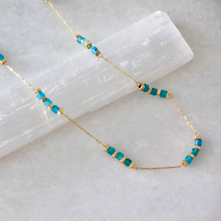 Mesa Blue - Wholesale Beaded/Pearl Necklace - Square Stone Beaded Chain - Apatite, Amazonite, Labradorite,