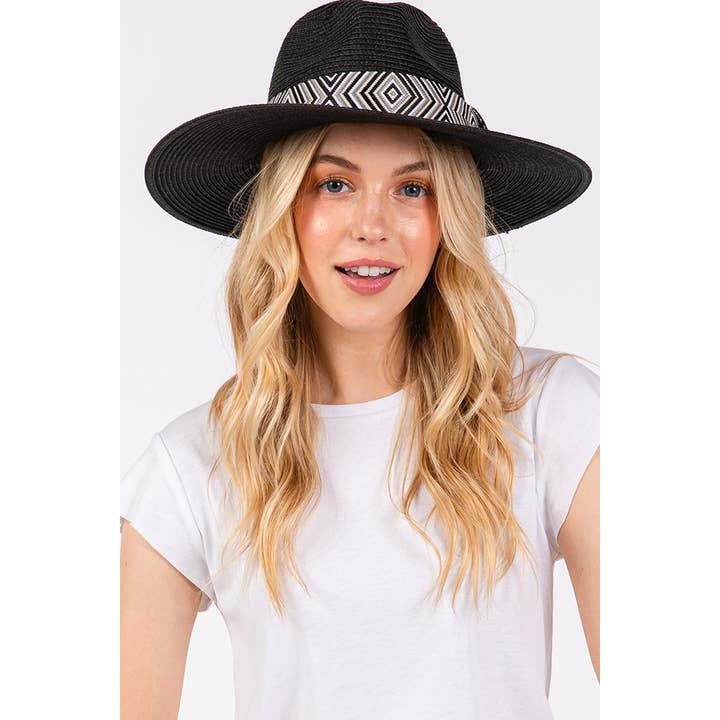 Hana - Wholesale Straw Hat - Women's - Aztec Tribal Pattern Band Straw Summer Sun Hat