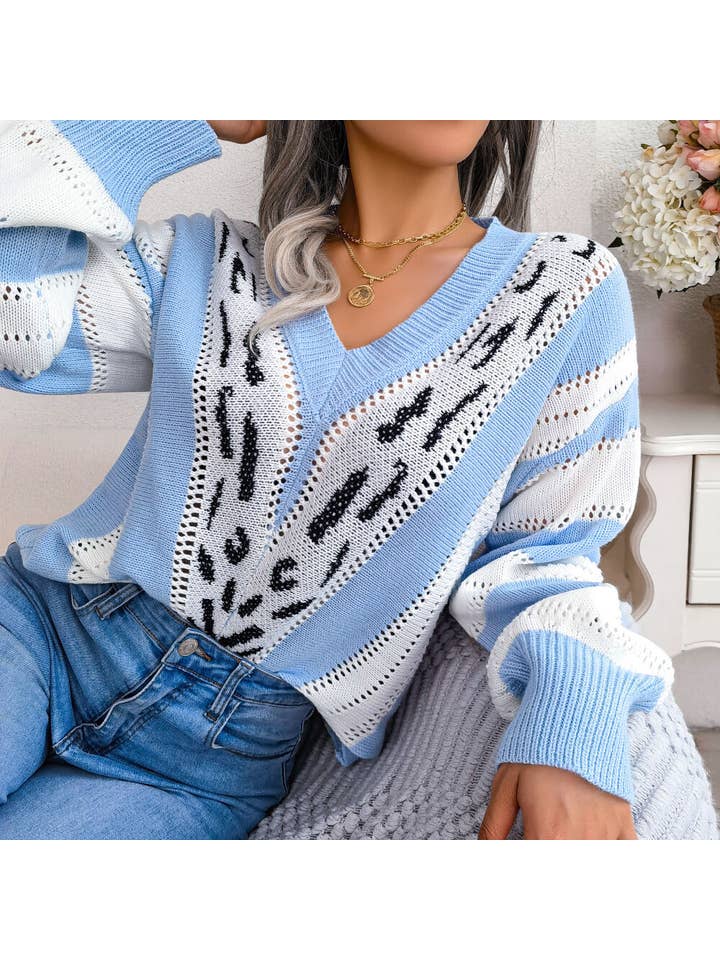 madeinclothinginc - Wholesale Knit Sweater - Women's - Knitted V-Neck Leopard-Print Long-Sleeved Sweater