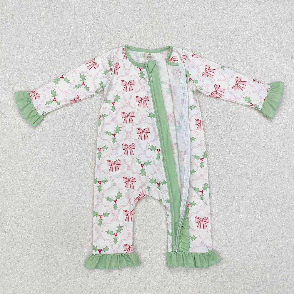 Aier Wholesale - Wholesale Jumpsuit - Baby - Baby Infant Girls Christmas Bows Holly Long Sleeve Zip Rompers2