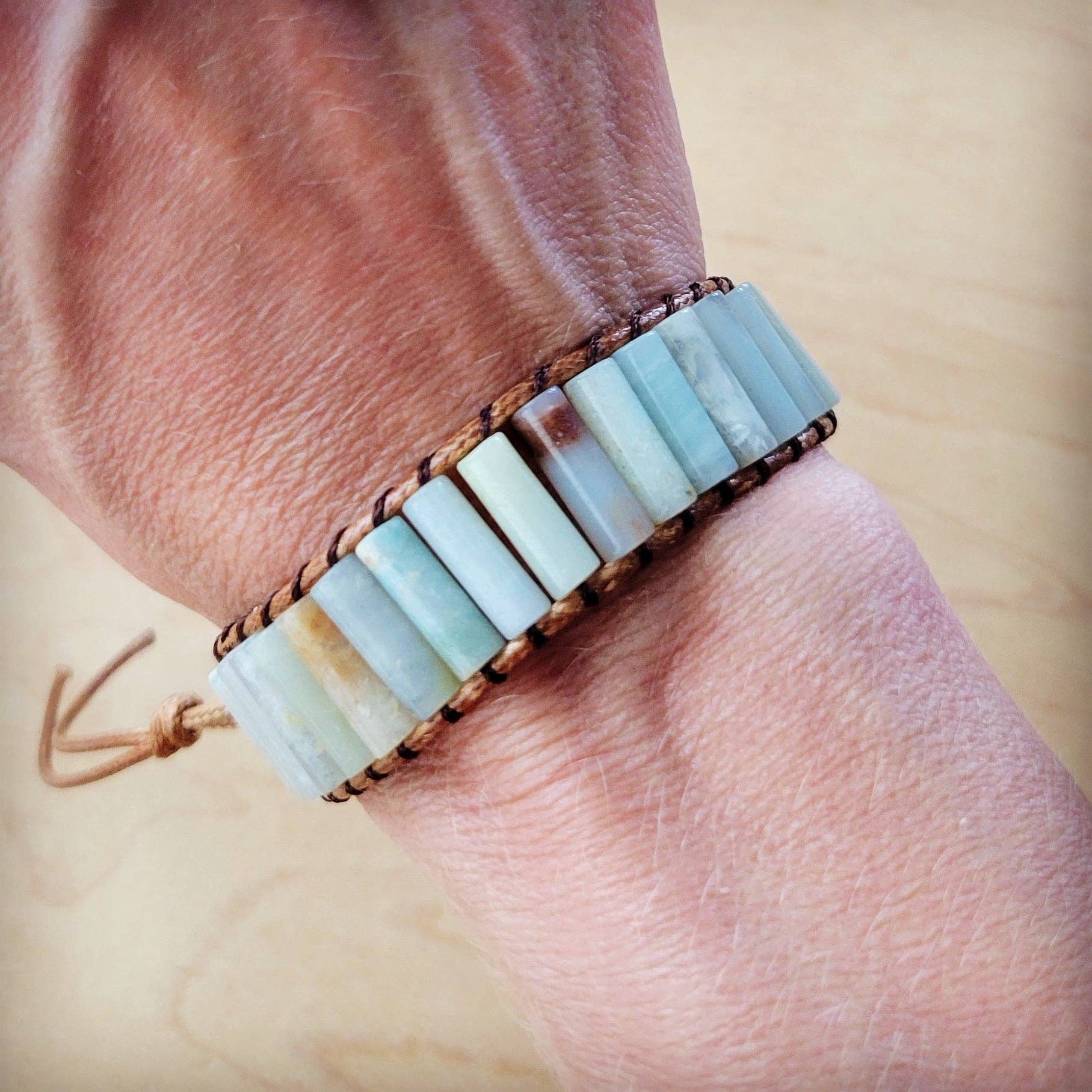 The Jewelry Junkie - Wholesale Beaded Bracelet - Woven Amazonite Stacked Stone Beaded Bracelet 810m3
