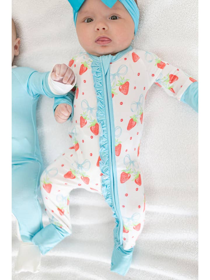 Sweet Bay Clothing - Wholesale Jumpsuit - Baby - Strawberries and Bows Ruffled Zipper Onesie
