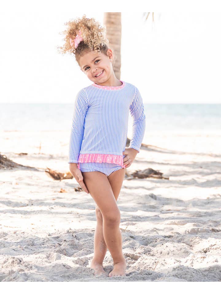 RuffleButts + RuggedButts - Wholesale Rashguard Set - Kids - Girls Periwinkle Blue Seersucker Long Sleeve Rash Guard 2-Piece Swimsuit with Signature Rear Ruffles