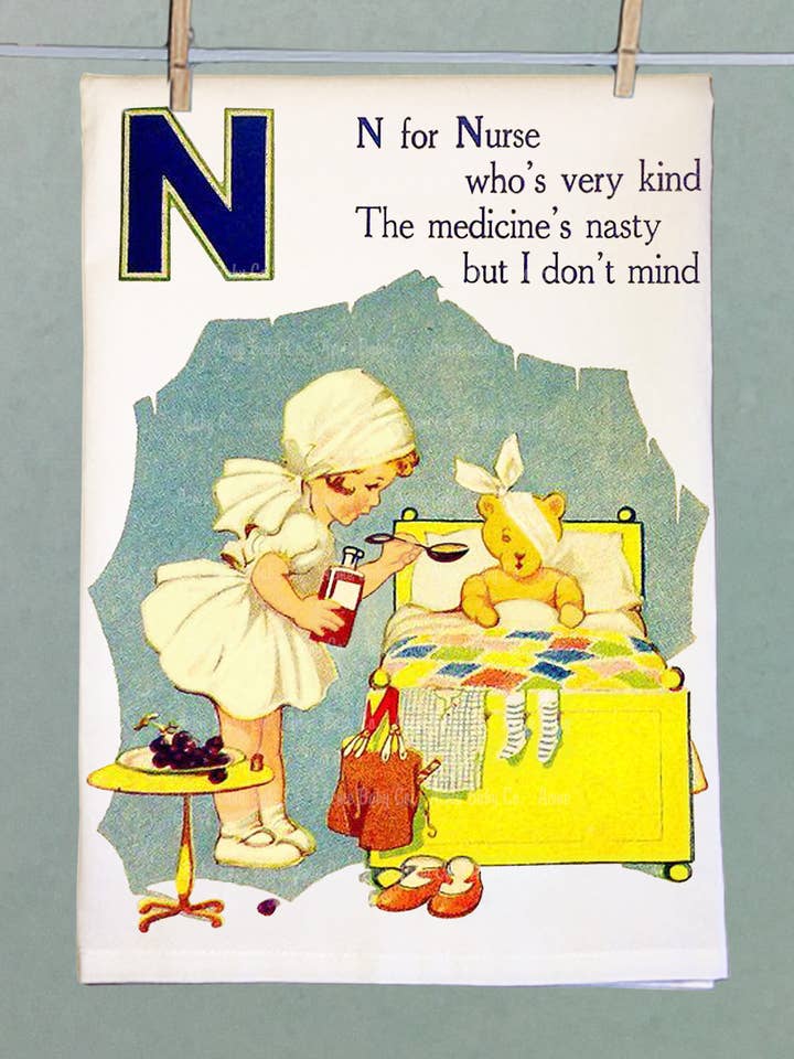 N is for Nurse Organic Retro Kitchen Towel for wholesale by Acme. Baby Co. LLC