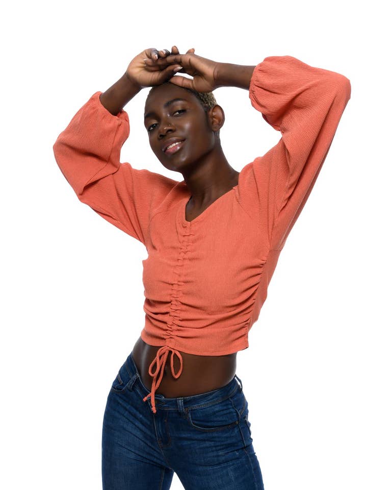 Puff Sleeve Coral Crop Top for wholesale by Style Snatch