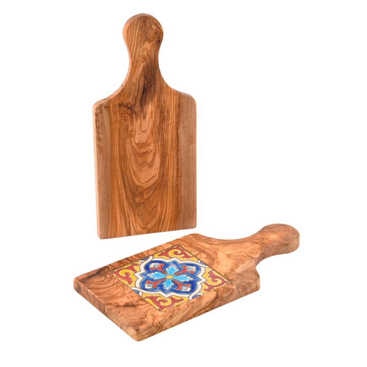 Olive Wood&Hanpainted Ceramic paddle board- San Diego yellow for wholesale by Carré Olive Wood