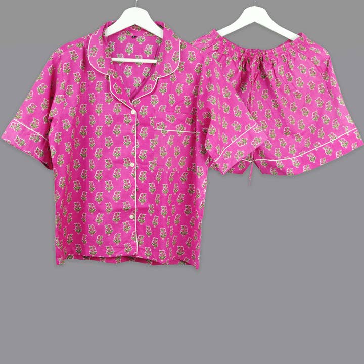 Short Cotton PJ Set With Pouch - Pink Floral for wholesale by Kantha Decor
