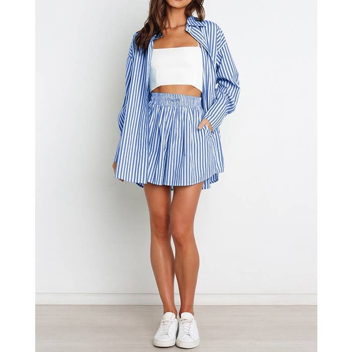 Mapcie - Wholesale Top & Pant Set (NOT Loungewear) - Women's - Striped Oversized Shirt and Drawstring Shorts Set1