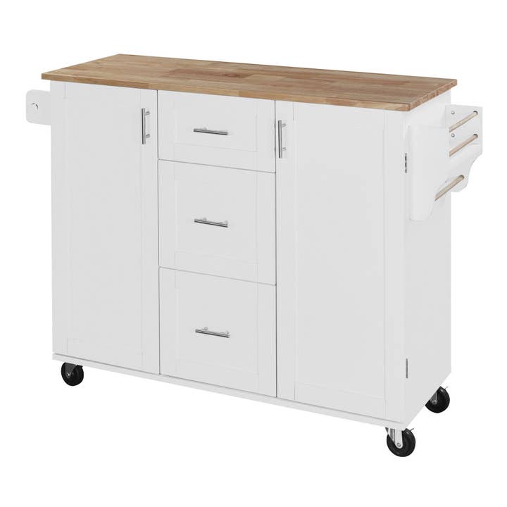 Orange County Decor - Wholesale Kitchen Storage/Organizer - K&K Rolling Kitchen Island With Storage, Kitchen Cart With Rubber Wood Top, 3 Drawer, 2 Slide Out Shelf And Internal Storage Rack, Kitchen Island On Wheels With Spice Rack & Tower Rack, White White10