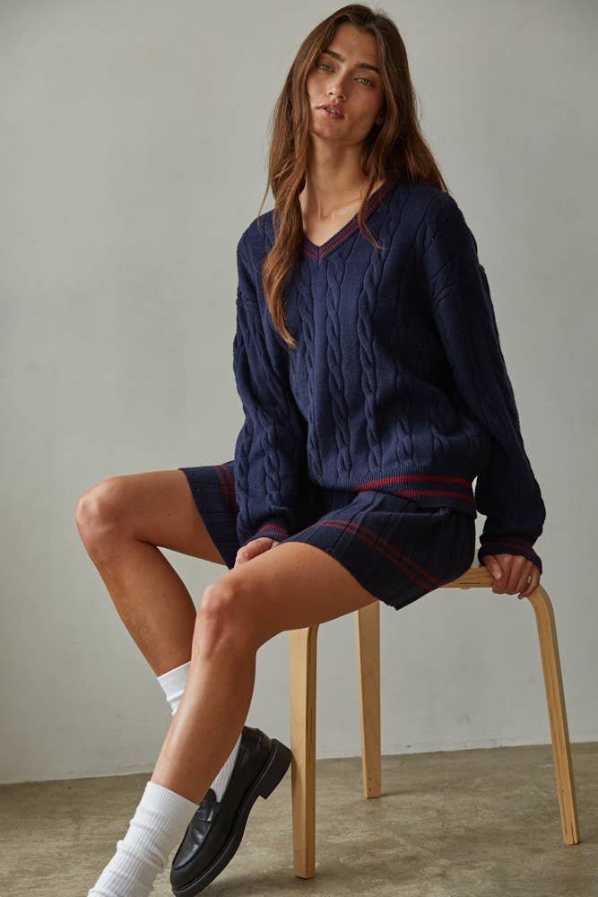 Navy W2136T2 | Knit Cable Sweater V-Neck Long Sleeve Pullover Top for wholesale on Faire0