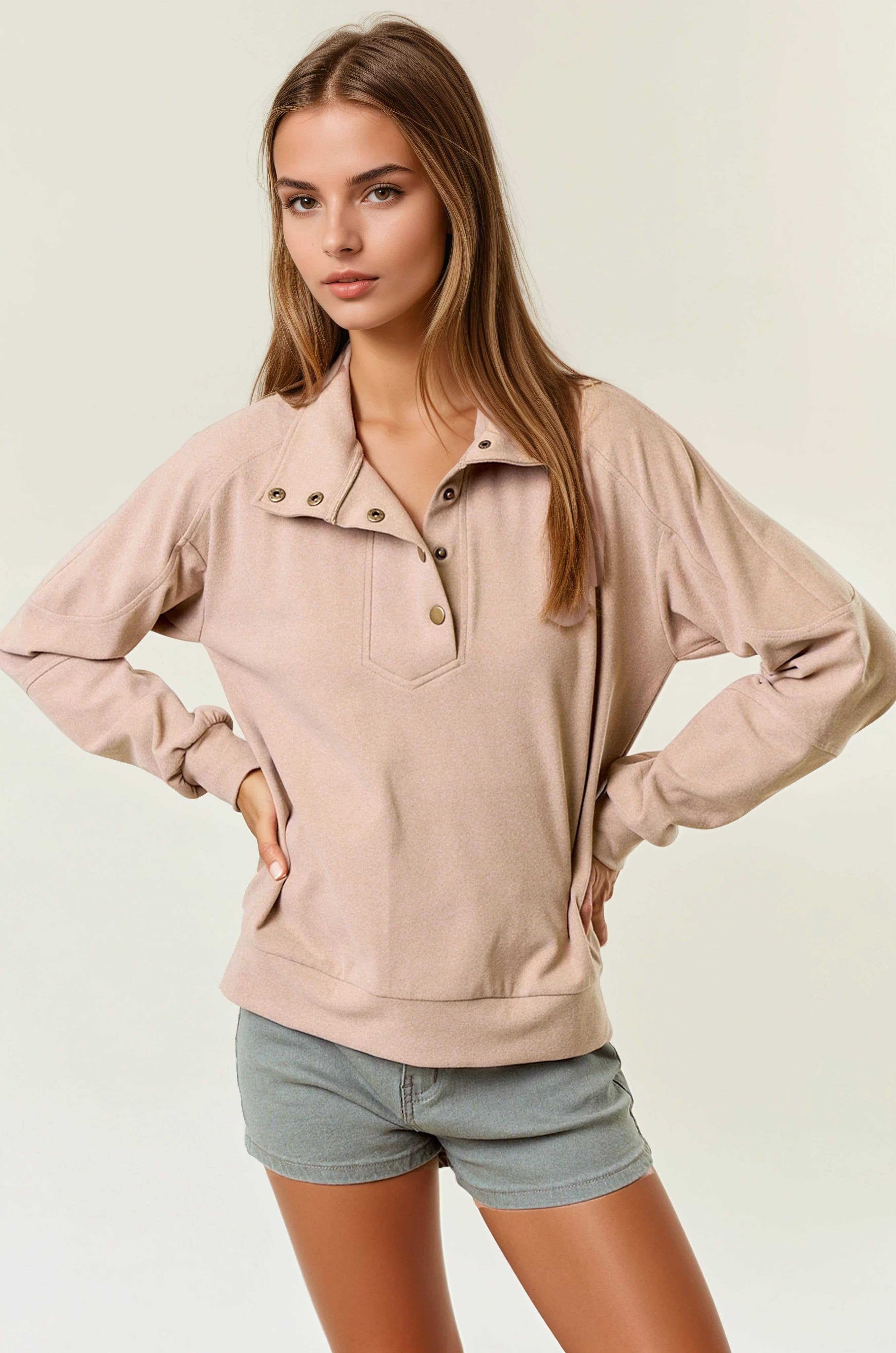 Doe and Rae – Sweatshirt - Mulher por atacado – Camisola Manteiga de Malha Escovada Suave com Gola Mock - 44637T1