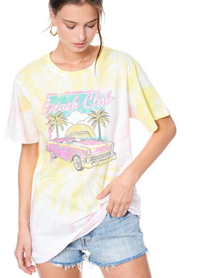 Beach Club Vintage Graphic Tie Dye Top for wholesale by Foryeri