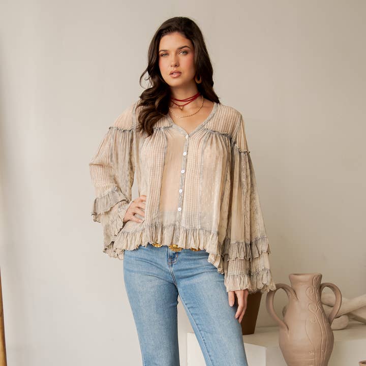 Dreamy Sheer V-Neck Ruffled Button-Front Top for wholesale by Young Threads