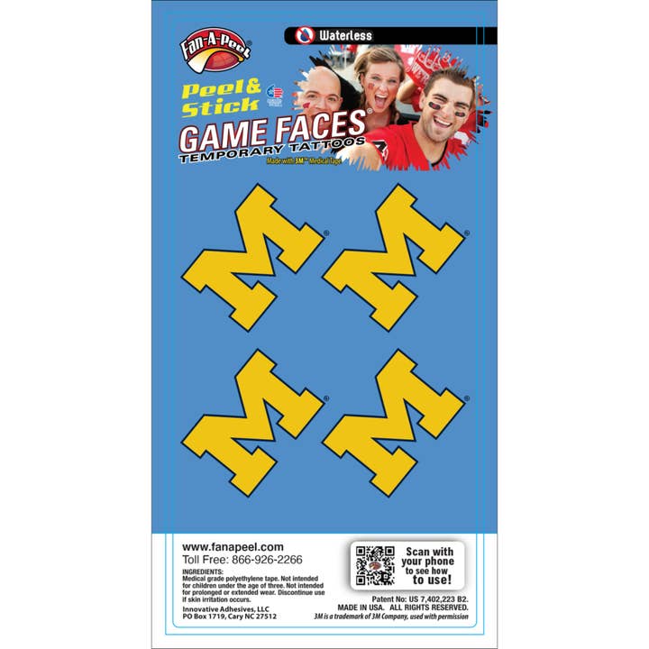 Michigan Game Faces® Temporary Tattoos for wholesale by Fanapeel / Gamefaces