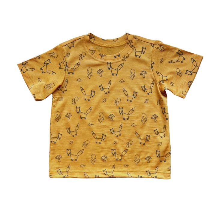 T-shirt sunny yellow with fox print, merino wool & silk (BIO/GOTS) for wholesale by Glückskind