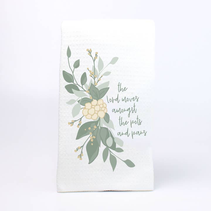 The Lord Moves Amongst the Pots and Pans Catholic Tea Towel for wholesale by Sketch + Sentiment