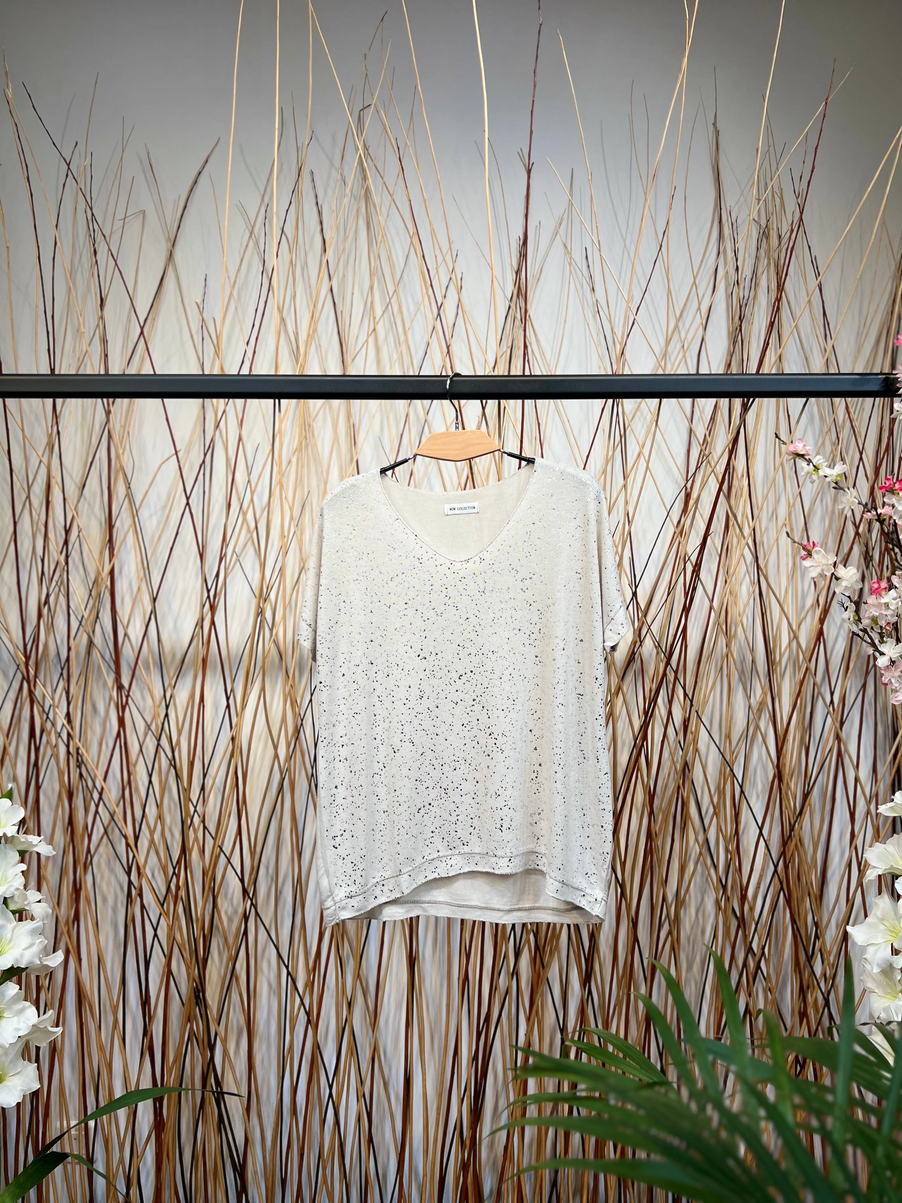 L'Emotion - Wholesale T-Shirt - Women's - Silver Glitter Decoration V-Neck Short Sleeve T-Shirt3