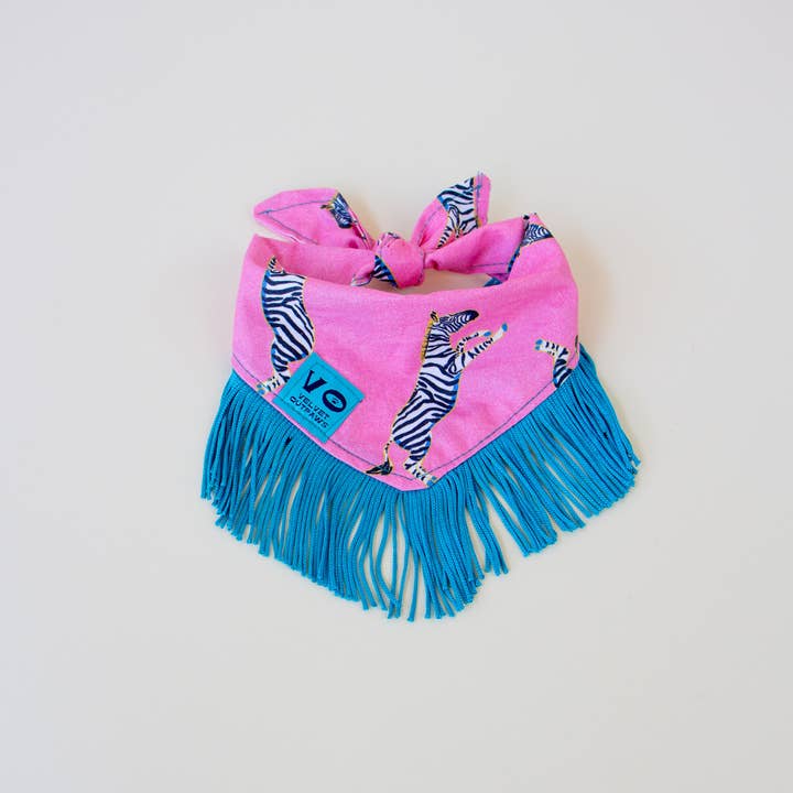 Velvet Outlaw - Wholesale Pet Bandana - Dog - Zebras with Teal Fringe Dog Bandana