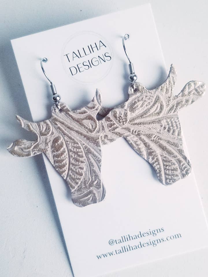 Ivory & Gold Genuine Leather Western Steer Earrings for wholesale by Talliha Designs