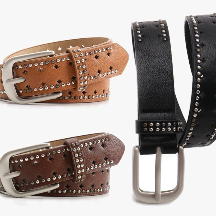 UNISHE - Wholesale Belt – Women's - Perforated Punk Double-Row Studded Leather Belt ZK36759