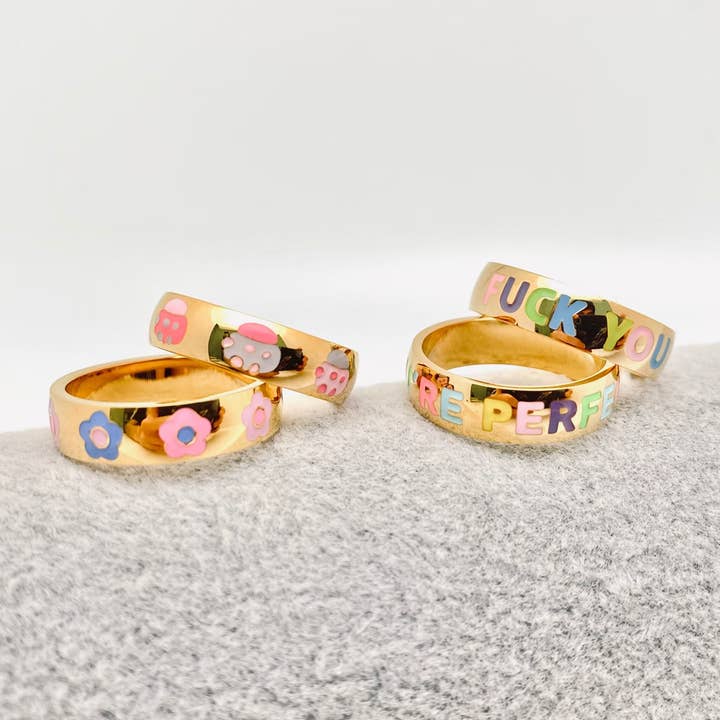 Mio Queena - Wholesale Cocktail/Statement Ring - "Fuck You" Colored Enamel 18K Gold Plated Ring - FGS