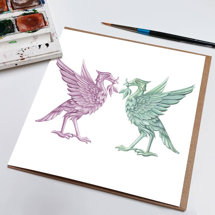 Liverpool Liver Bird Couple Greeting Card for wholesale by Rebecca Christian