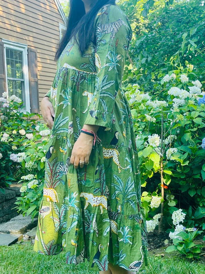 Green Block Printed Animal Midi Dress for wholesale on Faire4