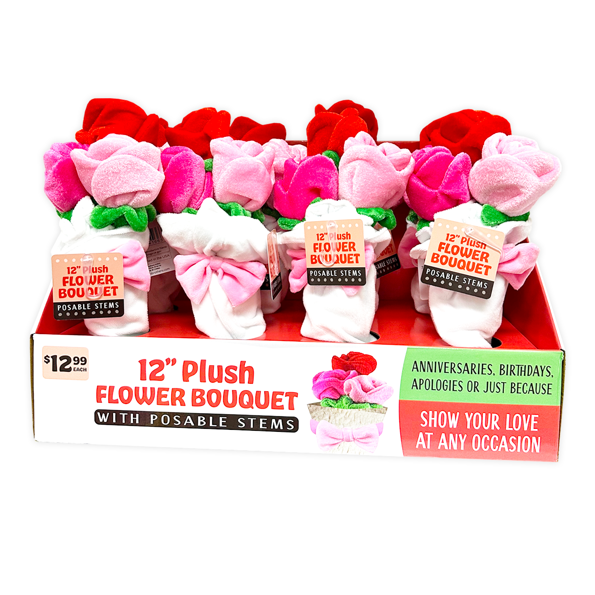 Novelty Brands - Wholesale Retailer Display - Home & Living - Plush Rose Flower Bouquet 12" Assortment - 8/Display0